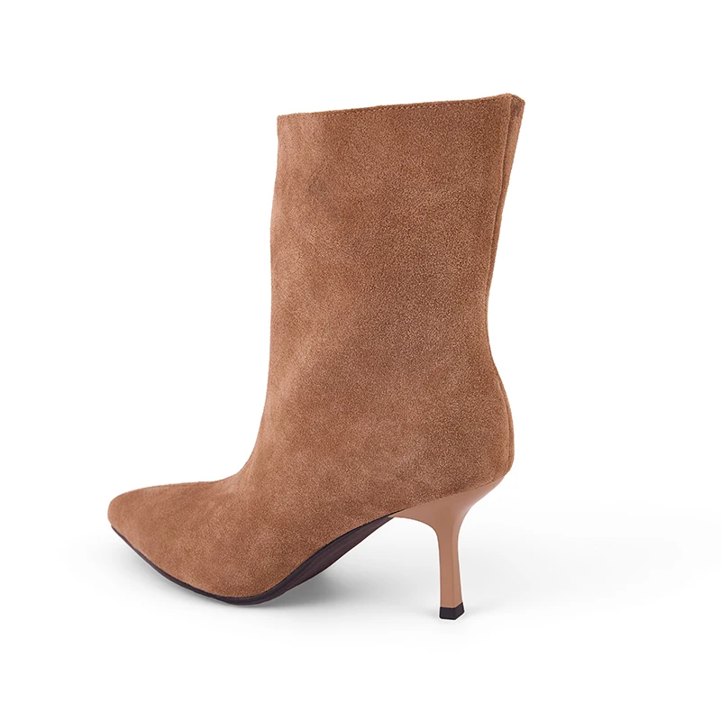 NEW TREND 2026 Autumn Winter Women Cow Suede High Thin Heeled Ankle Boots Black Apricot Khaki Chocolate Ladies Pointed Toe Boots
