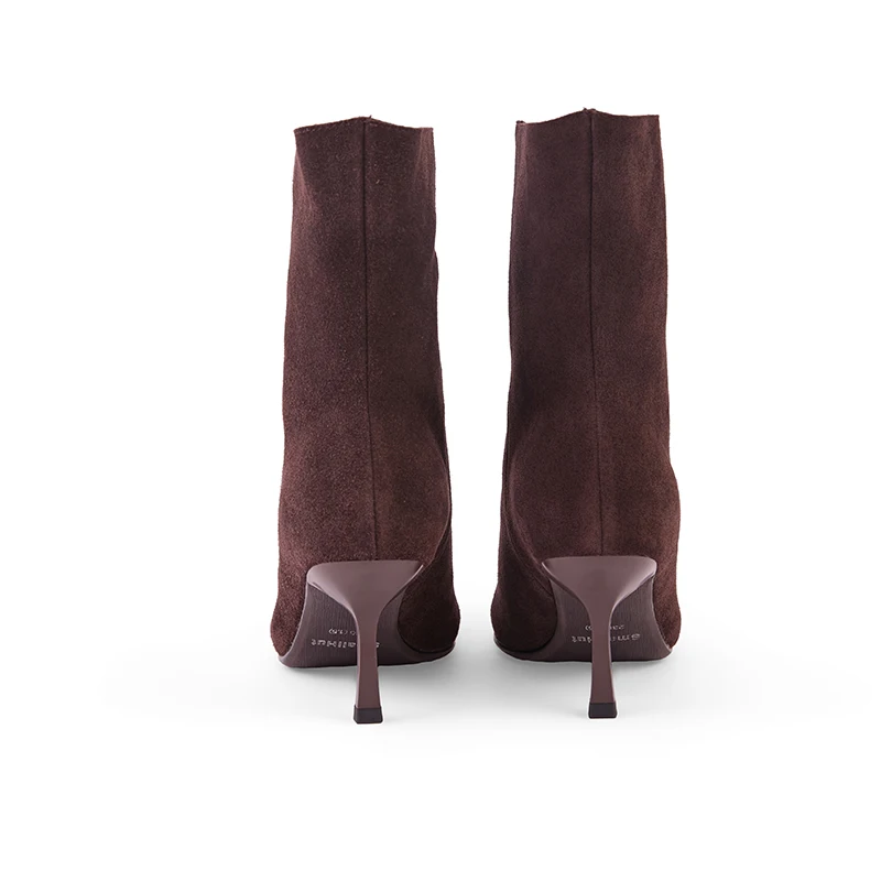 NEW TREND 2026 Autumn Winter Women Cow Suede High Thin Heeled Ankle Boots Black Apricot Khaki Chocolate Ladies Pointed Toe Boots