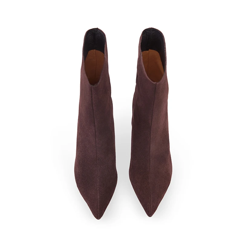NEW TREND 2026 Autumn Winter Women Cow Suede High Thin Heeled Ankle Boots Black Apricot Khaki Chocolate Ladies Pointed Toe Boots