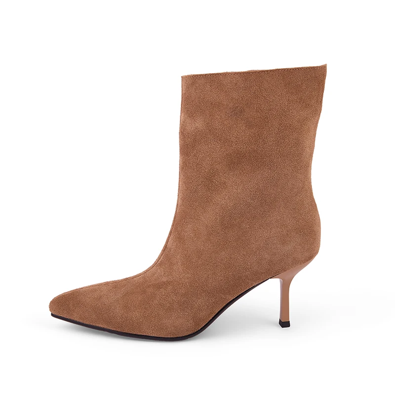 NEW TREND 2026 Autumn Winter Women Cow Suede High Thin Heeled Ankle Boots Black Apricot Khaki Chocolate Ladies Pointed Toe Boots