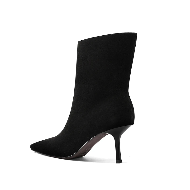 NEW TREND 2026 Autumn Winter Women Cow Suede High Thin Heeled Ankle Boots Black Apricot Khaki Chocolate Ladies Pointed Toe Boots