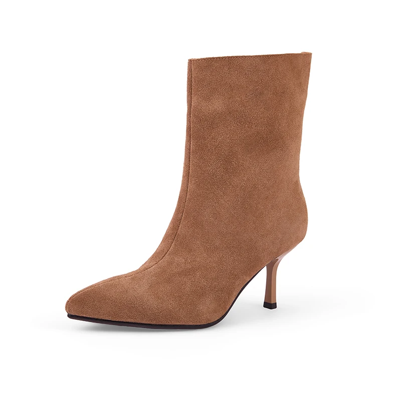 NEW TREND 2026 Autumn Winter Women Cow Suede High Thin Heeled Ankle Boots Black Apricot Khaki Chocolate Ladies Pointed Toe Boots