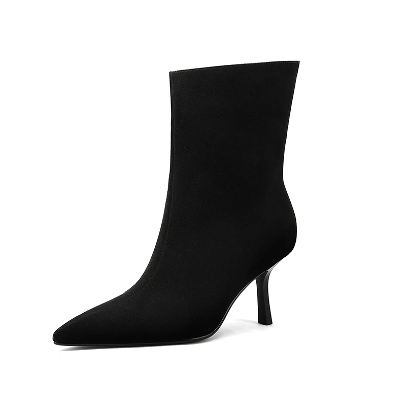 NEW TREND 2026 Autumn Winter Women Cow Suede High Thin Heeled Ankle Boots Black Apricot Khaki Chocolate Ladies Pointed Toe Boots