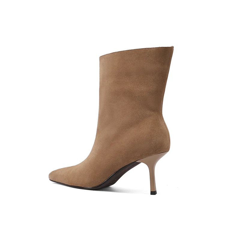 NEW TREND 2026 Autumn Winter Women Cow Suede High Thin Heeled Ankle Boots Black Apricot Khaki Chocolate Ladies Pointed Toe Boots