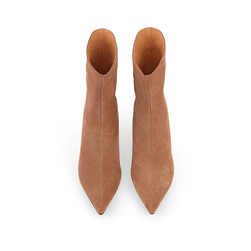 NEW TREND 2026 Autumn Winter Women Cow Suede High Thin Heeled Ankle Boots Black Apricot Khaki Chocolate Ladies Pointed Toe Boots