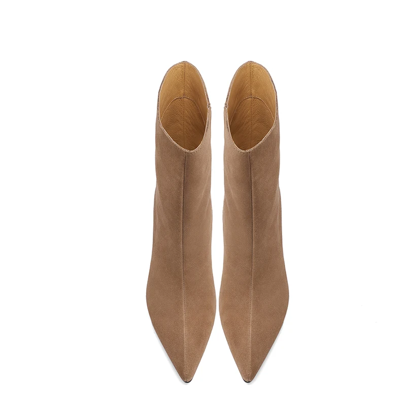 NEW TREND 2026 Autumn Winter Women Cow Suede High Thin Heeled Ankle Boots Black Apricot Khaki Chocolate Ladies Pointed Toe Boots