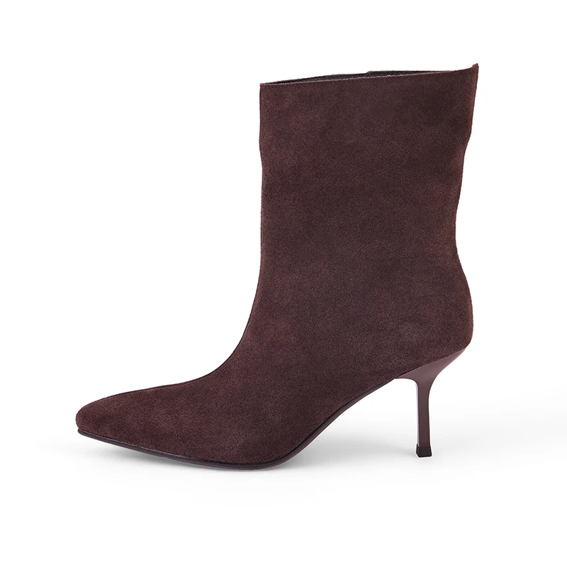 NEW TREND 2026 Autumn Winter Women Cow Suede High Thin Heeled Ankle Boots Black Apricot Khaki Chocolate Ladies Pointed Toe Boots