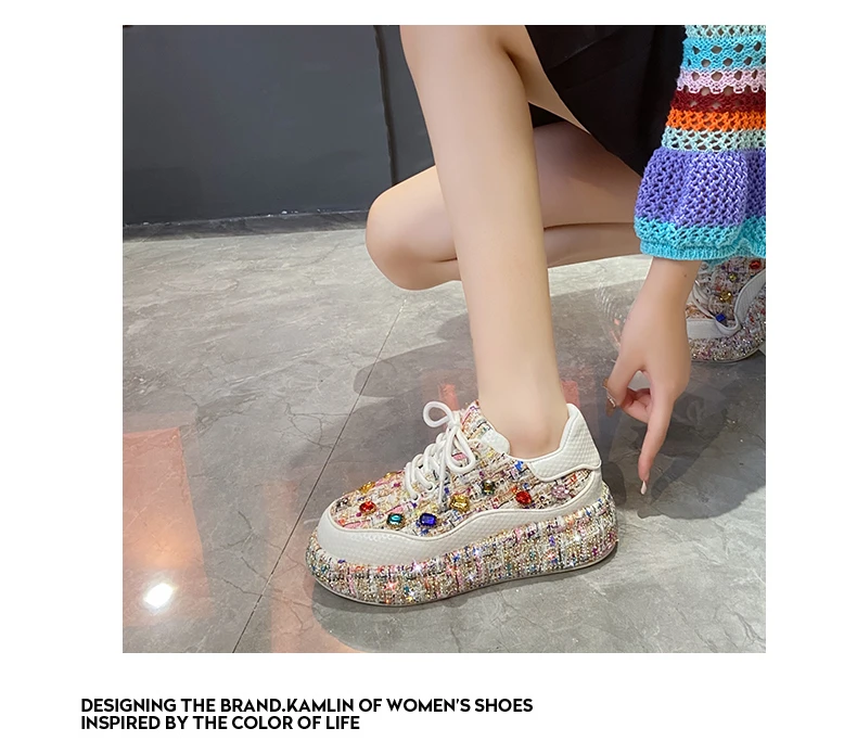Women's Bead Decoration Luxury Platform Sneakers Diamond Shining Crystal Sports Shoes Designer Shoes Trendy Casual Flat Shoes