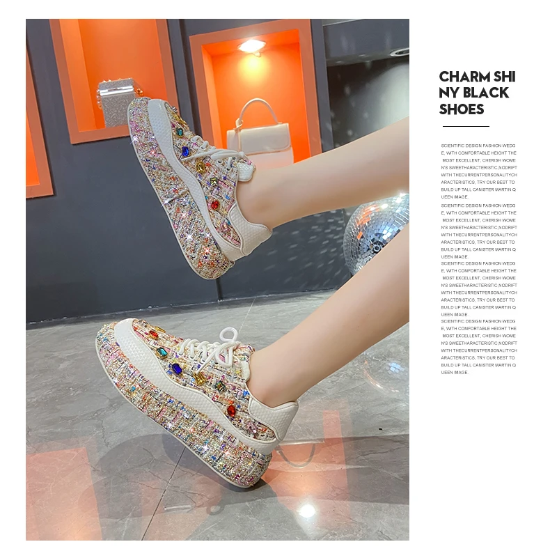 Women's Bead Decoration Luxury Platform Sneakers Diamond Shining Crystal Sports Shoes Designer Shoes Trendy Casual Flat Shoes
