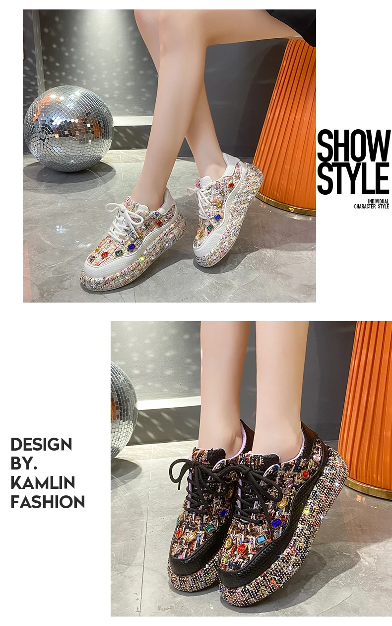 Women's Bead Decoration Luxury Platform Sneakers Diamond Shining Crystal Sports Shoes Designer Shoes Trendy Casual Flat Shoes