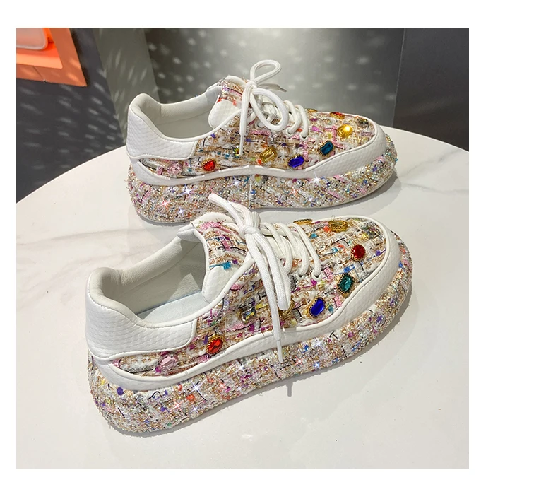 Women's Bead Decoration Luxury Platform Sneakers Diamond Shining Crystal Sports Shoes Designer Shoes Trendy Casual Flat Shoes