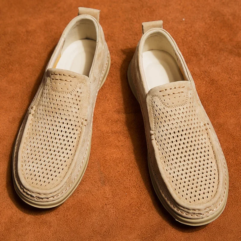 Summer Shoes Luxury Brand Loafers Male Breathable Nubuck Leather Punching Outdoor Hiking Shoes Comfty Casual Man Walking Shoes
