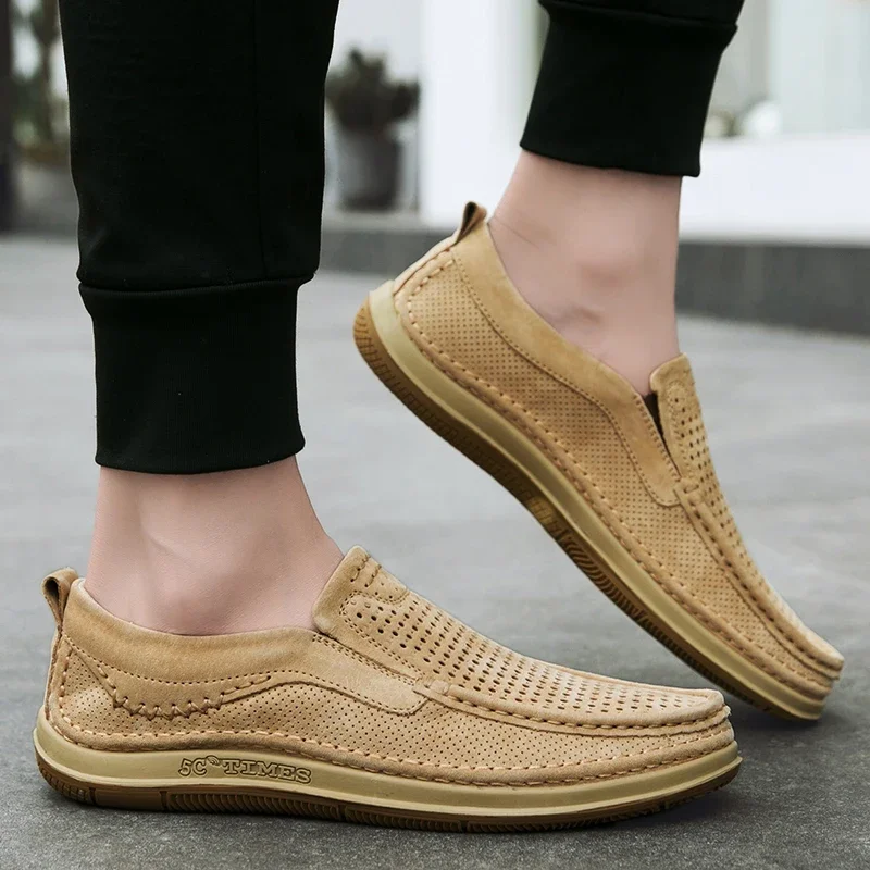 Summer Shoes Luxury Brand Loafers Male Breathable Nubuck Leather Punching Outdoor Hiking Shoes Comfty Casual Man Walking Shoes