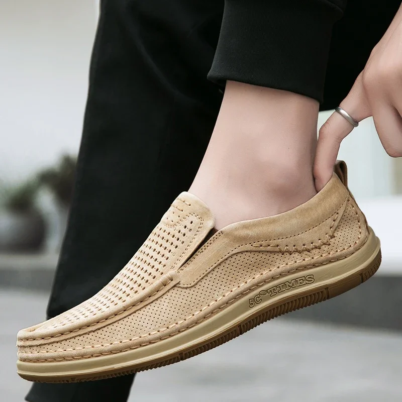 Summer Shoes Luxury Brand Loafers Male Breathable Nubuck Leather Punching Outdoor Hiking Shoes Comfty Casual Man Walking Shoes