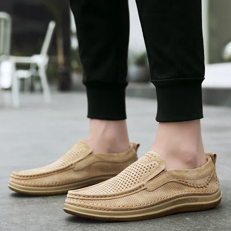 Summer Shoes Luxury Brand Loafers Male Breathable Nubuck Leather Punching Outdoor Hiking Shoes Comfty Casual Man Walking Shoes