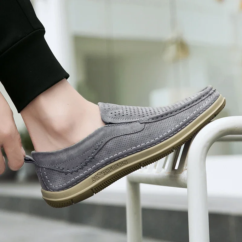 Summer Shoes Luxury Brand Loafers Male Breathable Nubuck Leather Punching Outdoor Hiking Shoes Comfty Casual Man Walking Shoes