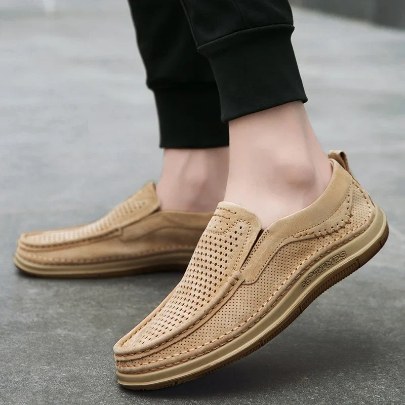 Summer Shoes Luxury Brand Loafers Male Breathable Nubuck Leather Punching Outdoor Hiking Shoes Comfty Casual Man Walking Shoes