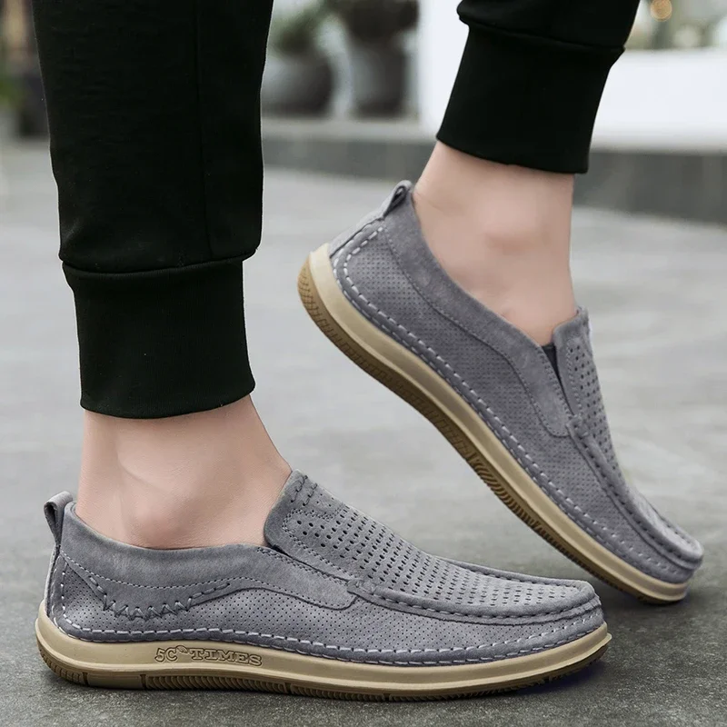 Summer Shoes Luxury Brand Loafers Male Breathable Nubuck Leather Punching Outdoor Hiking Shoes Comfty Casual Man Walking Shoes