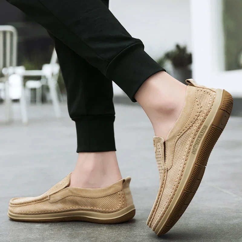 Summer Shoes Luxury Brand Loafers Male Breathable Nubuck Leather Punching Outdoor Hiking Shoes Comfty Casual Man Walking Shoes