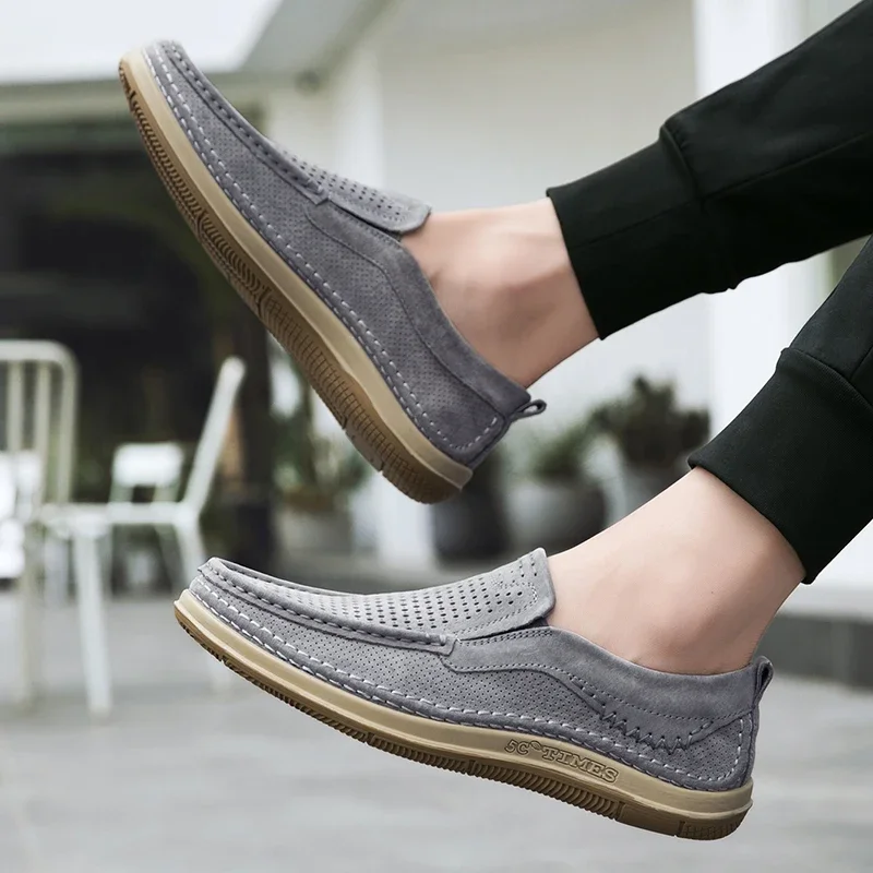 Summer Shoes Luxury Brand Loafers Male Breathable Nubuck Leather Punching Outdoor Hiking Shoes Comfty Casual Man Walking Shoes