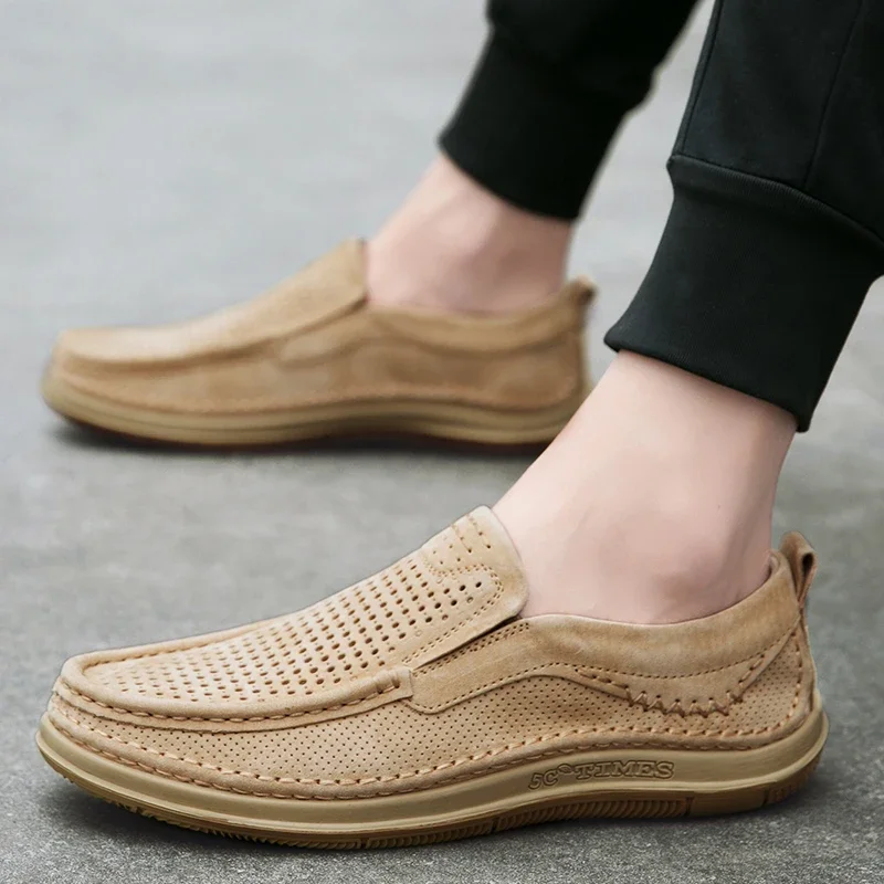 Summer Shoes Luxury Brand Loafers Male Breathable Nubuck Leather Punching Outdoor Hiking Shoes Comfty Casual Man Walking Shoes
