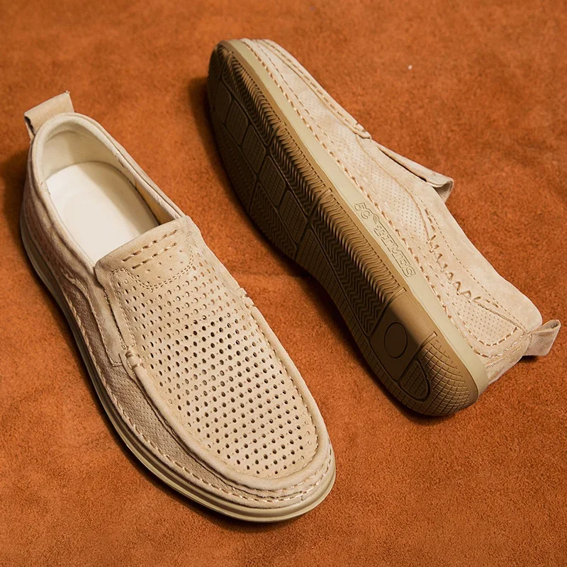 Summer Shoes Luxury Brand Loafers Male Breathable Nubuck Leather Punching Outdoor Hiking Shoes Comfty Casual Man Walking Shoes