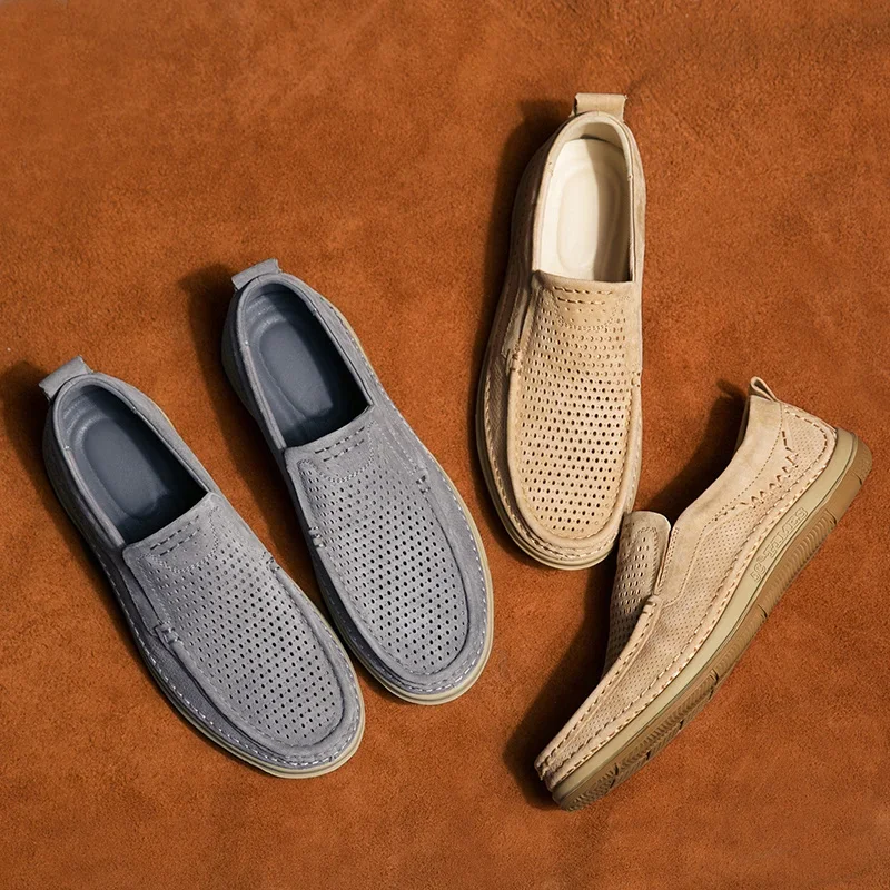 Summer Shoes Luxury Brand Loafers Male Breathable Nubuck Leather Punching Outdoor Hiking Shoes Comfty Casual Man Walking Shoes