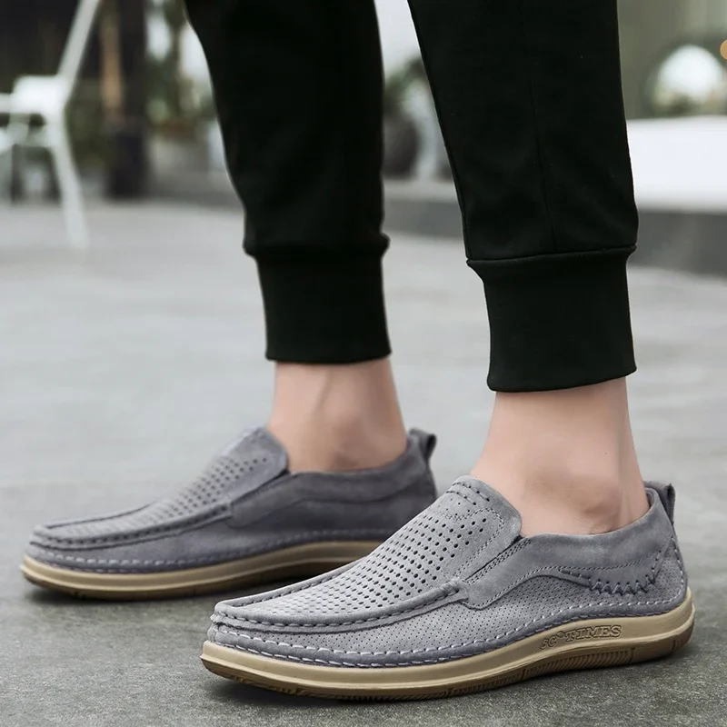 Summer Shoes Luxury Brand Loafers Male Breathable Nubuck Leather Punching Outdoor Hiking Shoes Comfty Casual Man Walking Shoes