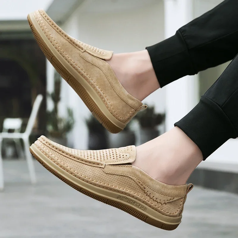 Summer Shoes Luxury Brand Loafers Male Breathable Nubuck Leather Punching Outdoor Hiking Shoes Comfty Casual Man Walking Shoes