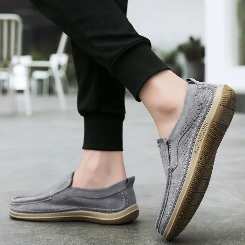 Summer Shoes Luxury Brand Loafers Male Breathable Nubuck Leather Punching Outdoor Hiking Shoes Comfty Casual Man Walking Shoes