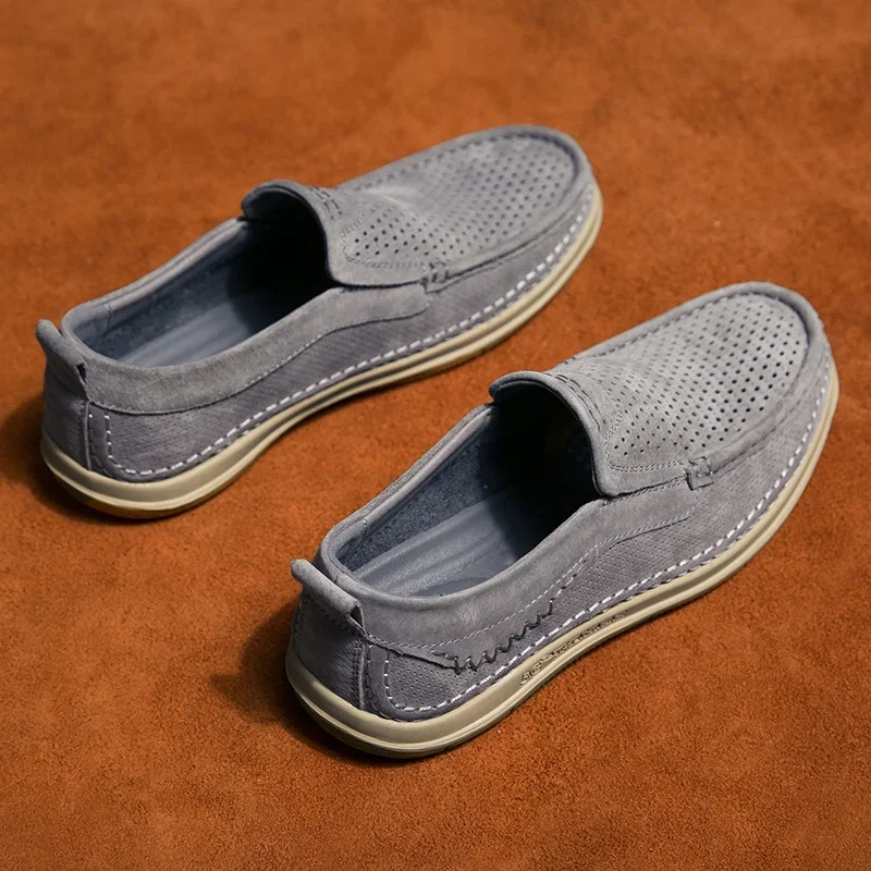 Summer Shoes Luxury Brand Loafers Male Breathable Nubuck Leather Punching Outdoor Hiking Shoes Comfty Casual Man Walking Shoes