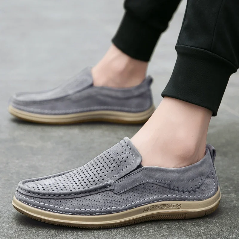Summer Shoes Luxury Brand Loafers Male Breathable Nubuck Leather Punching Outdoor Hiking Shoes Comfty Casual Man Walking Shoes