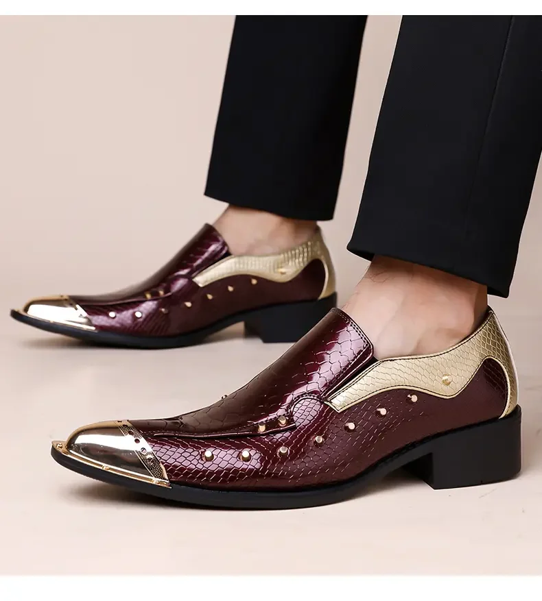 Handmade Red Men's Crocodile Leather Shoes Metal Pointy Toe Business Dress Suit Men Shoe Oxfords Flats Zapatos De Hombre