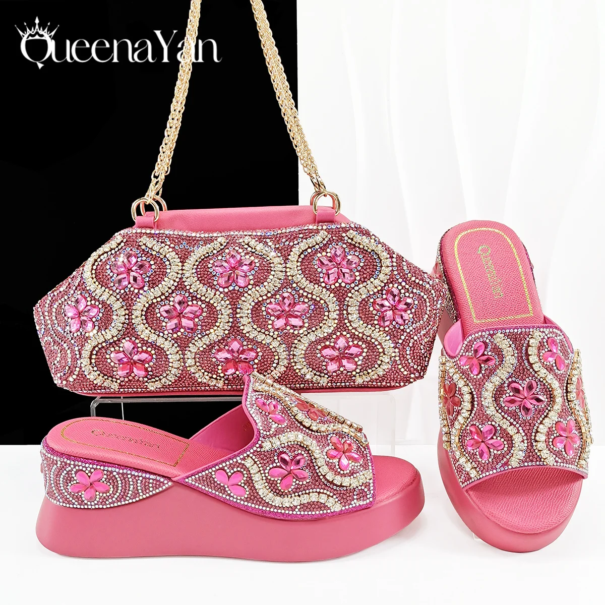 Queena Yan Popularity Open Toe Luxury Fashion Women High Heels Shoes and Bags Set With Rhinestone for Wedding Party Elegant