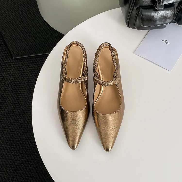 NEW Summer Women Sandals Genuine Leather Shoes for Women Pointed Toe Strange Heel Shoes Gold Cover Toe Slingback Modern Sandals