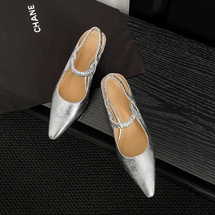 NEW Summer Women Sandals Genuine Leather Shoes for Women Pointed Toe Strange Heel Shoes Gold Cover Toe Slingback Modern Sandals