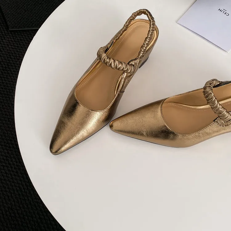 NEW Summer Women Sandals Genuine Leather Shoes for Women Pointed Toe Strange Heel Shoes Gold Cover Toe Slingback Modern Sandals
