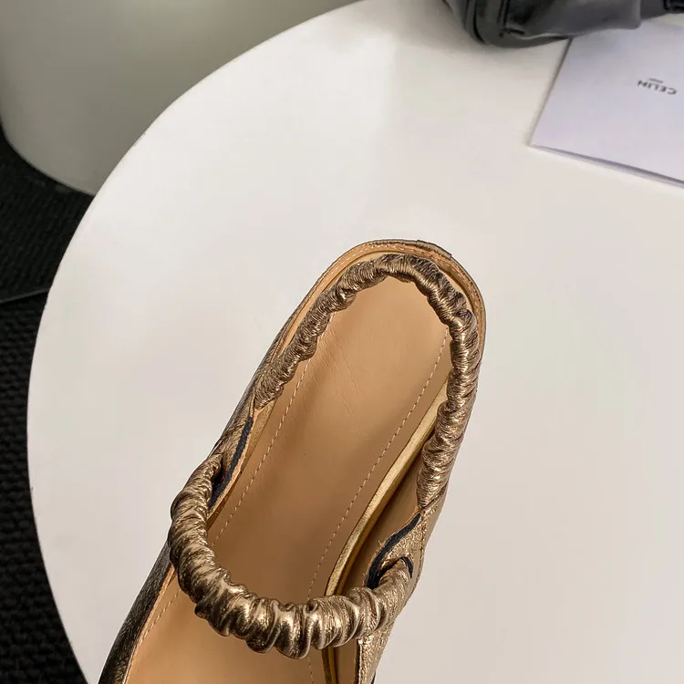 NEW Summer Women Sandals Genuine Leather Shoes for Women Pointed Toe Strange Heel Shoes Gold Cover Toe Slingback Modern Sandals