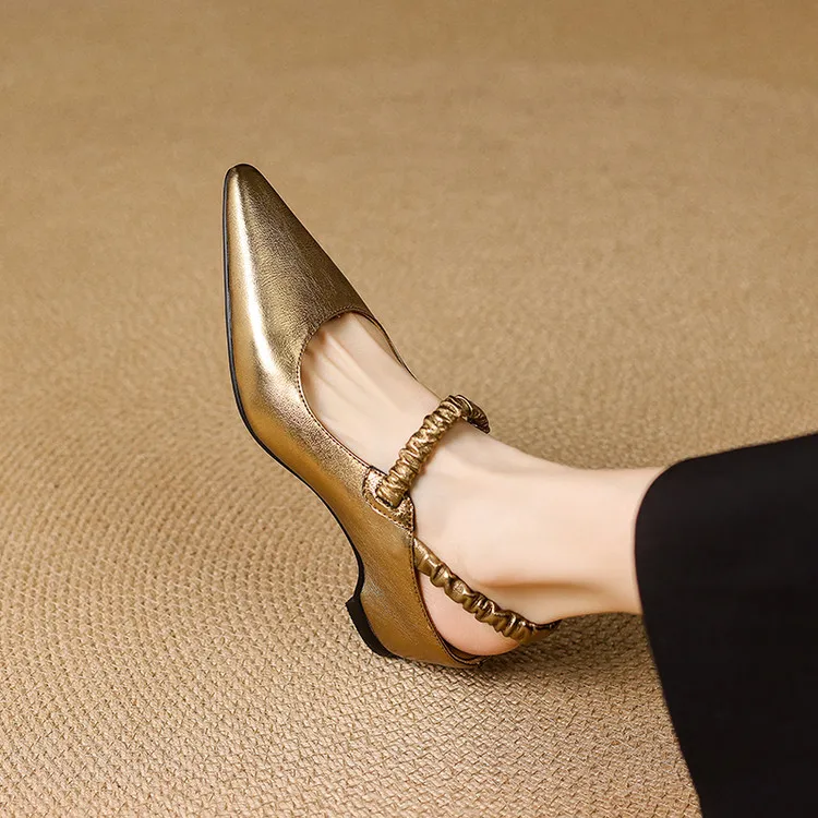 NEW Summer Women Sandals Genuine Leather Shoes for Women Pointed Toe Strange Heel Shoes Gold Cover Toe Slingback Modern Sandals