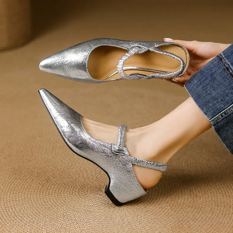 NEW Summer Women Sandals Genuine Leather Shoes for Women Pointed Toe Strange Heel Shoes Gold Cover Toe Slingback Modern Sandals