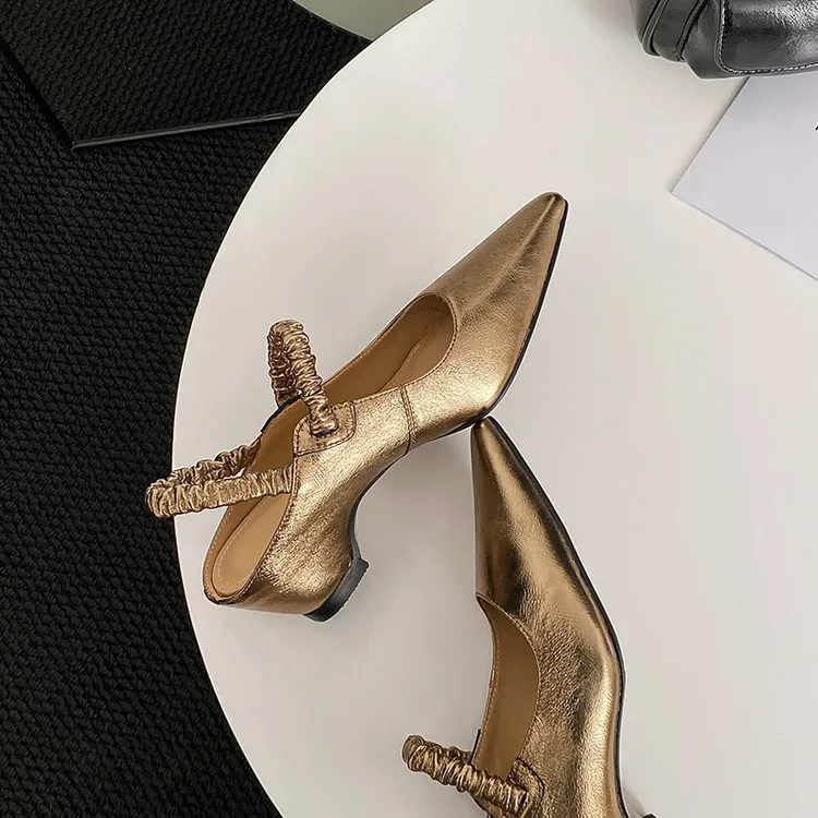 NEW Summer Women Sandals Genuine Leather Shoes for Women Pointed Toe Strange Heel Shoes Gold Cover Toe Slingback Modern Sandals