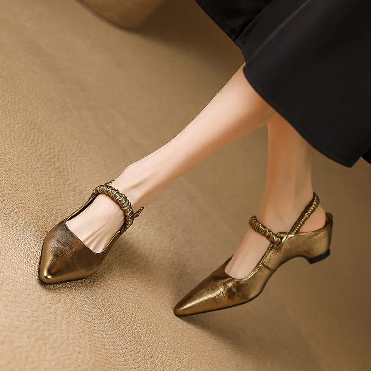 NEW Summer Women Sandals Genuine Leather Shoes for Women Pointed Toe Strange Heel Shoes Gold Cover Toe Slingback Modern Sandals