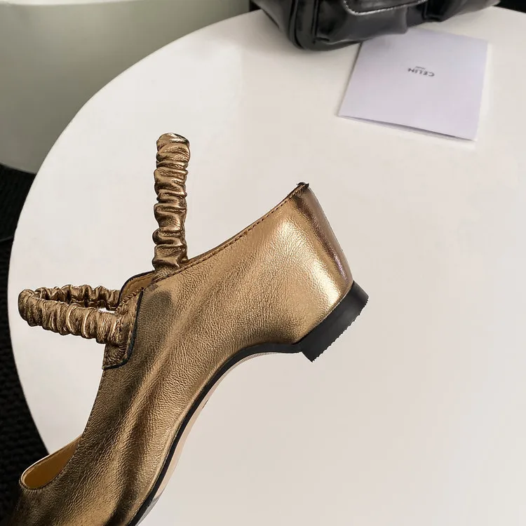 NEW Summer Women Sandals Genuine Leather Shoes for Women Pointed Toe Strange Heel Shoes Gold Cover Toe Slingback Modern Sandals