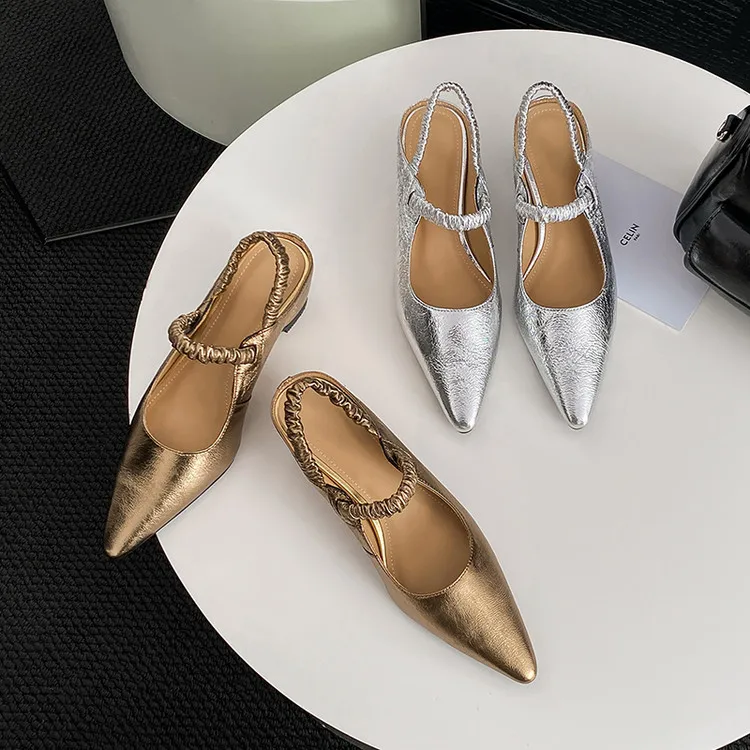 NEW Summer Women Sandals Genuine Leather Shoes for Women Pointed Toe Strange Heel Shoes Gold Cover Toe Slingback Modern Sandals