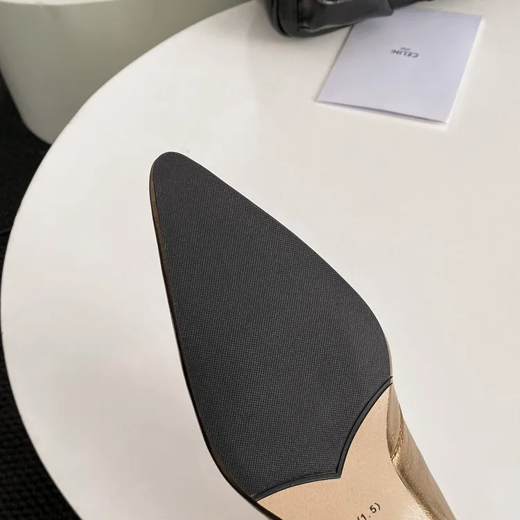 NEW Summer Women Sandals Genuine Leather Shoes for Women Pointed Toe Strange Heel Shoes Gold Cover Toe Slingback Modern Sandals