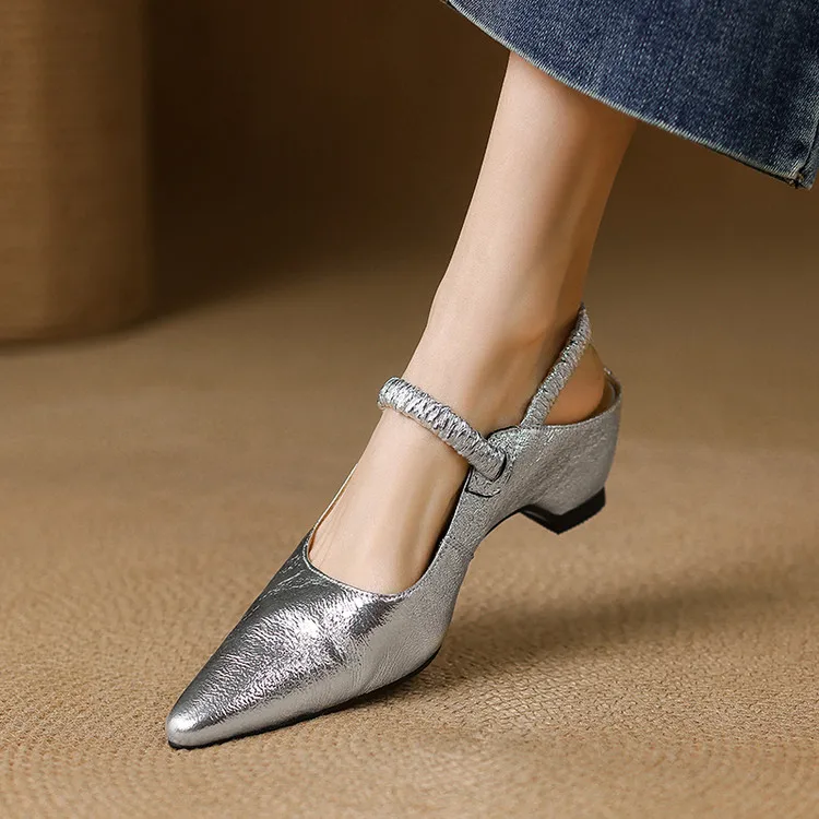 NEW Summer Women Sandals Genuine Leather Shoes for Women Pointed Toe Strange Heel Shoes Gold Cover Toe Slingback Modern Sandals