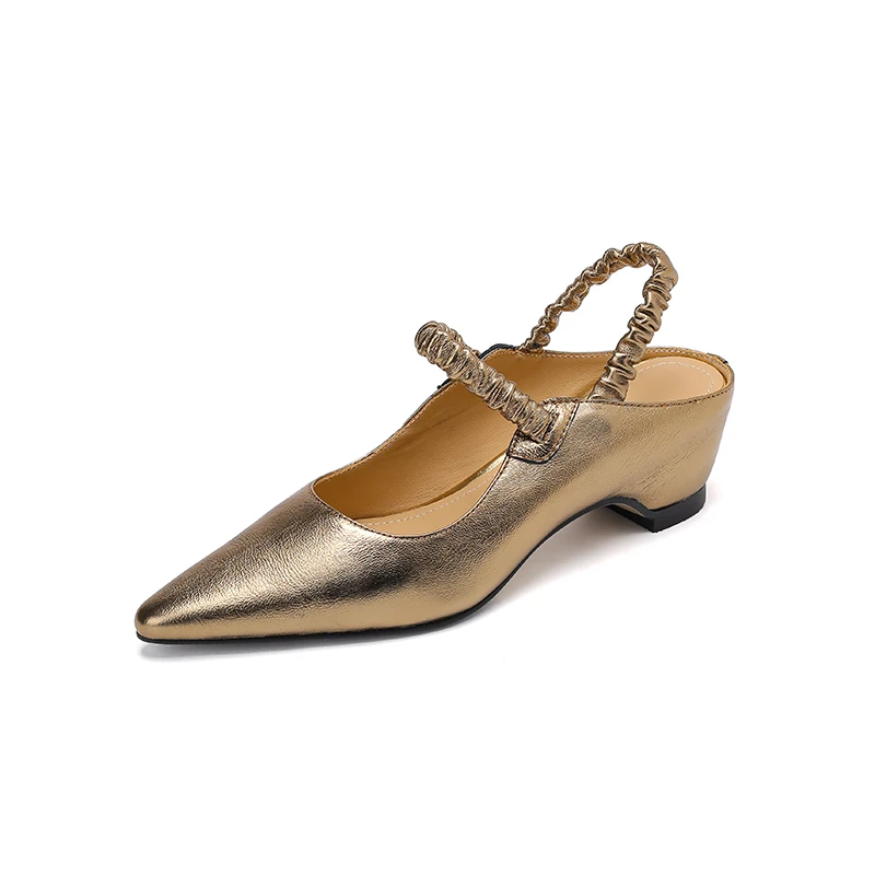 NEW Summer Women Sandals Genuine Leather Shoes for Women Pointed Toe Strange Heel Shoes Gold Cover Toe Slingback Modern Sandals