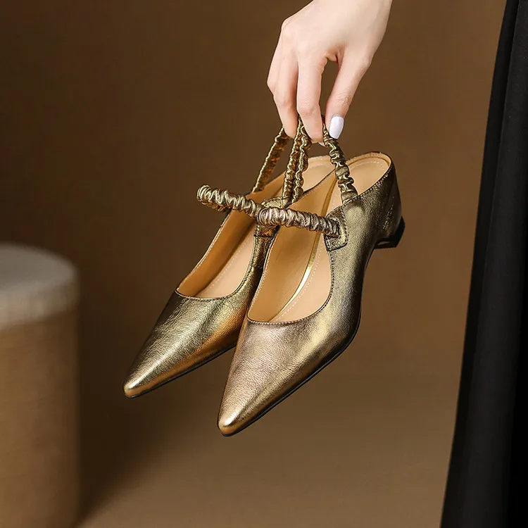 NEW Summer Women Sandals Genuine Leather Shoes for Women Pointed Toe Strange Heel Shoes Gold Cover Toe Slingback Modern Sandals