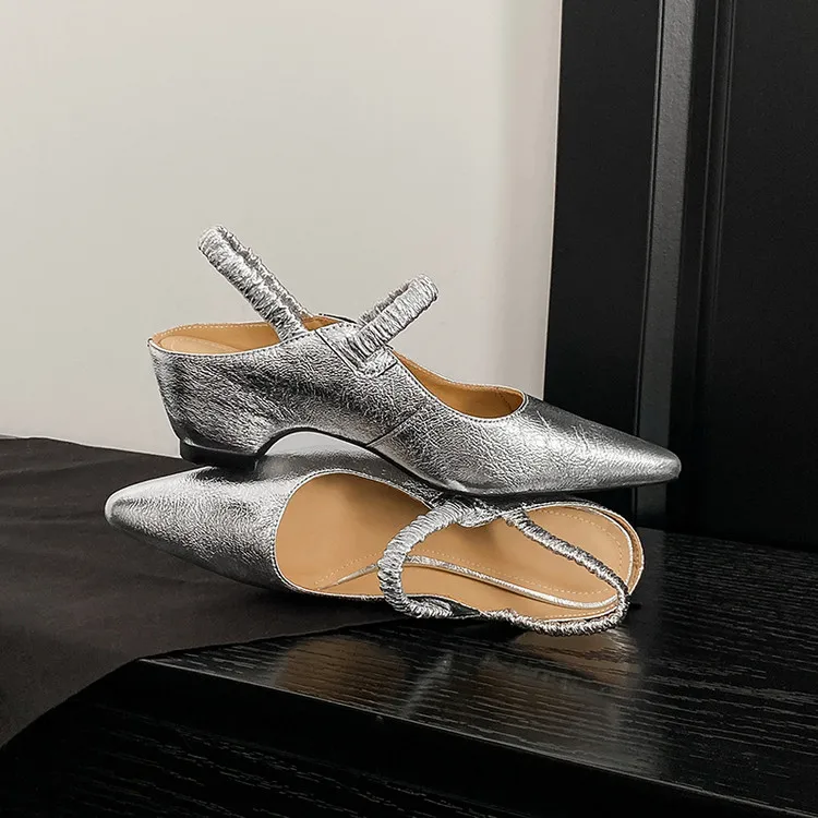 NEW Summer Women Sandals Genuine Leather Shoes for Women Pointed Toe Strange Heel Shoes Gold Cover Toe Slingback Modern Sandals