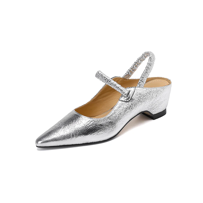 NEW Summer Women Sandals Genuine Leather Shoes for Women Pointed Toe Strange Heel Shoes Gold Cover Toe Slingback Modern Sandals